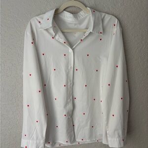White Button Up with Red Heart Pattern